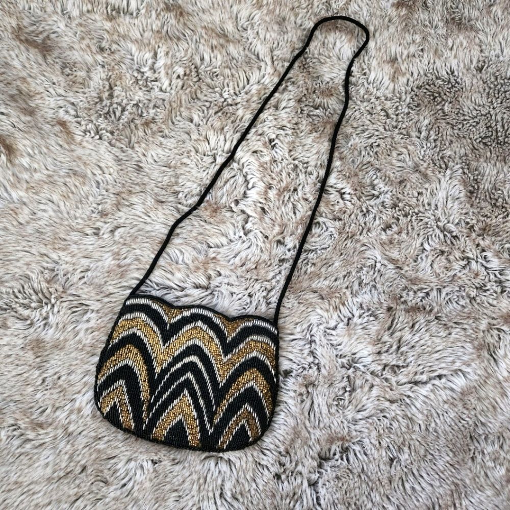 33 East Vintage Beaded Black, Gold, and Silver Striped Crossbody Bag